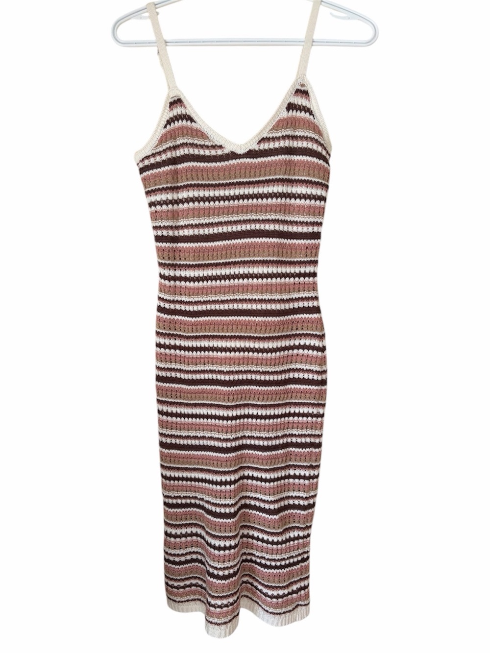 Wild Skye Brown Pink Striped Knit Midi Dress Spaghetti Strap Boho Y2K Bodycon
